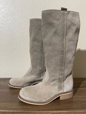 Women's Taupe Suede Mid-Calf Booties - Neutral Suede Pull-On Style